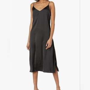 The Drop Women's Ana Silky V-Neck Midi Slip Dress Sz L Black Side Slits PTP 21